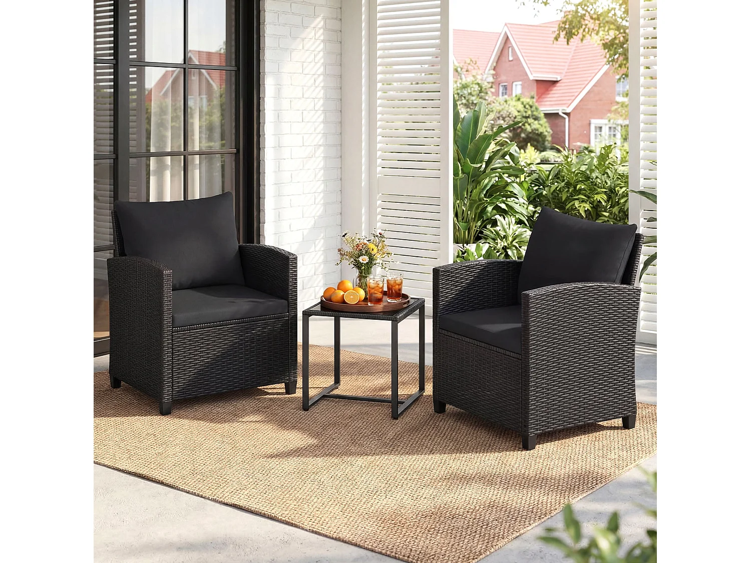 Set di mobili da giardino in rattan con 2 sedie con cuscini e tavolo in vetro Gruppo di seduta per esterni nero-nero