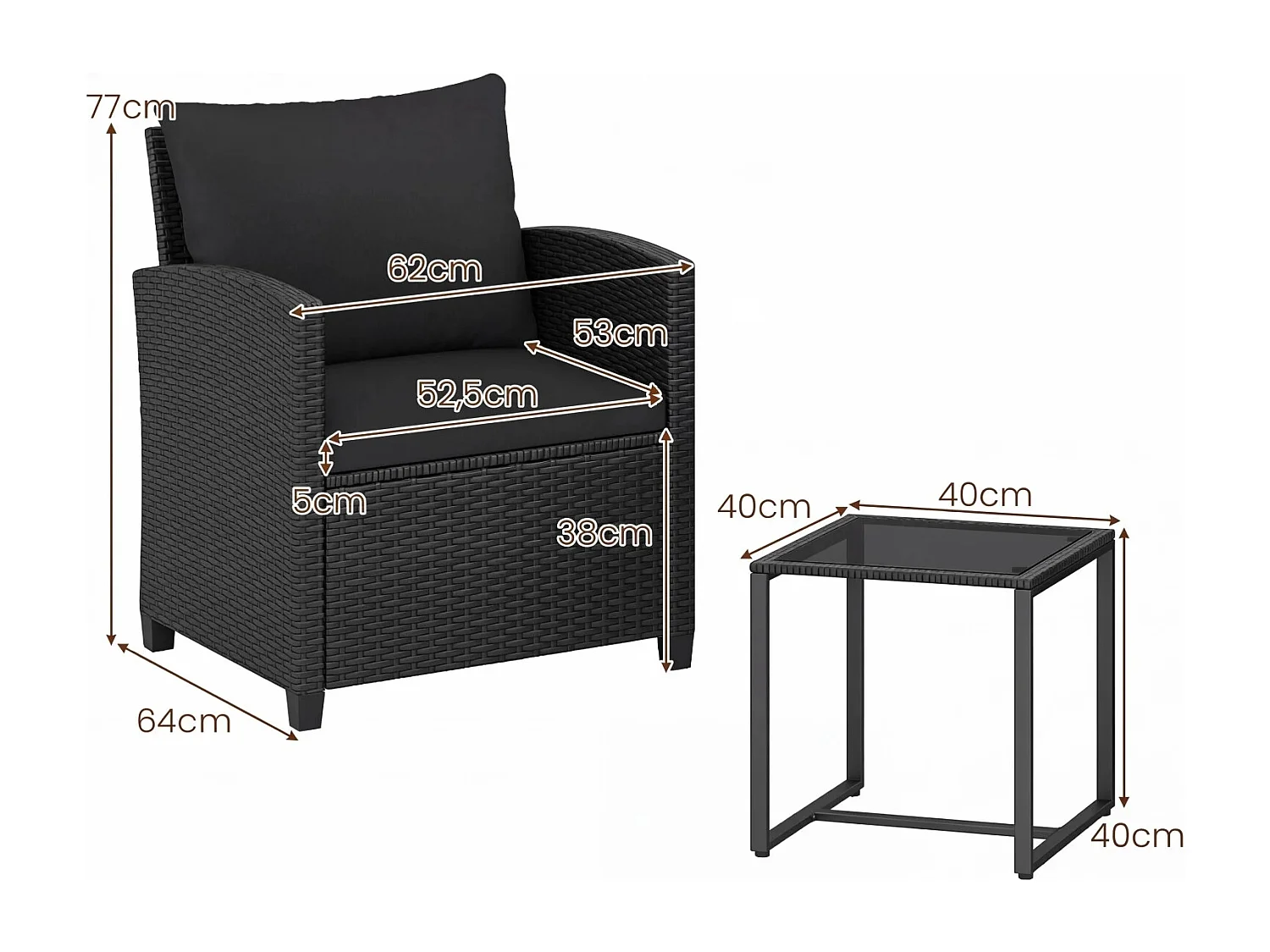 Set di mobili da giardino in rattan con 2 sedie con cuscini e tavolo in vetro Gruppo di seduta per esterni nero-nero