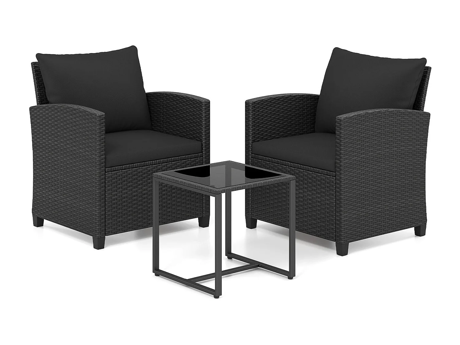 Set di mobili da giardino in rattan con 2 sedie con cuscini e tavolo in vetro Gruppo di seduta per esterni nero-nero