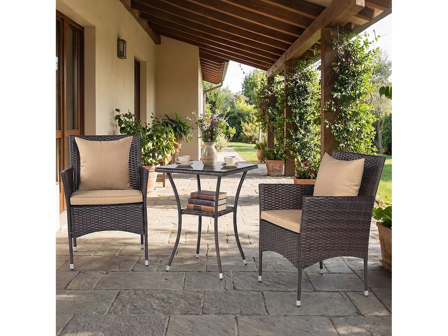 Set di 3 pezzi di mobili da giardino 2 sedie in rattan tavolo in vetro cuscini all'aperto per giardino veranda piscina Mix Brown