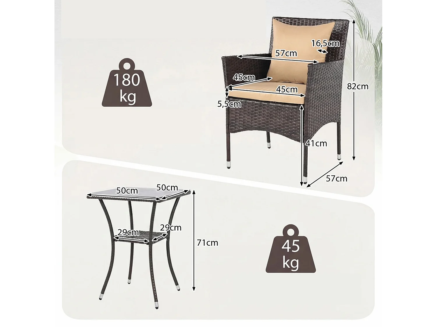 Set di 3 pezzi di mobili da giardino 2 sedie in rattan tavolo in vetro cuscini all'aperto per giardino veranda piscina Mix Brown