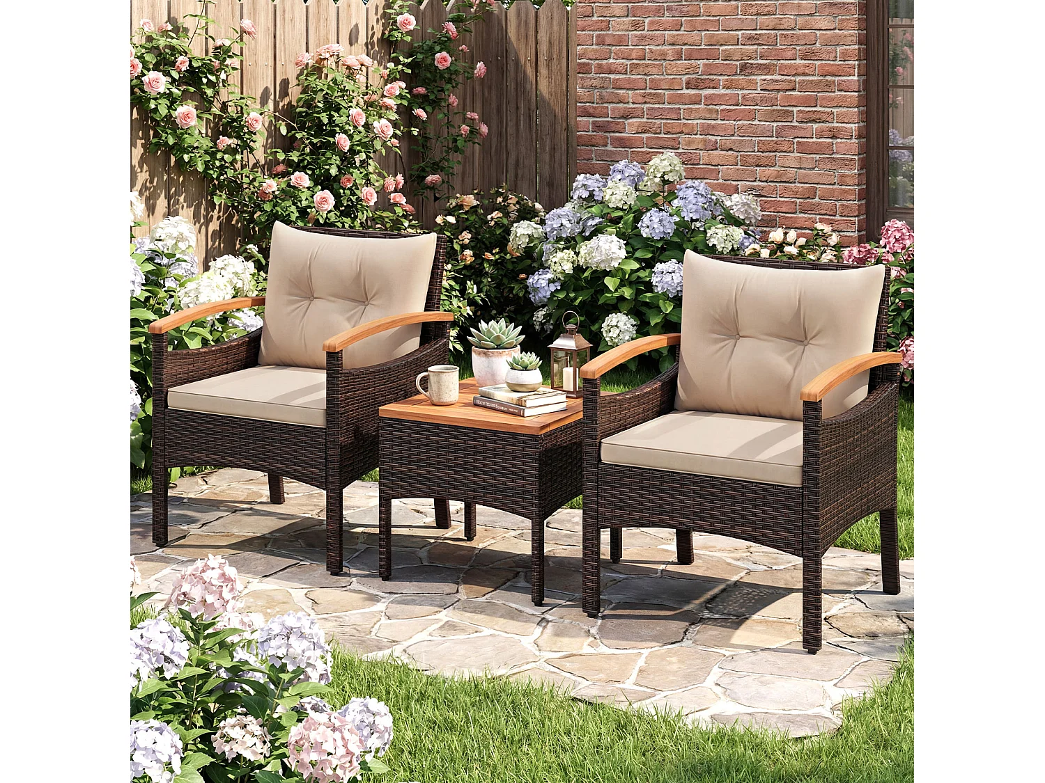 Set da giardino in rattan 3 pezzi Acacia Cuscini da tavolo per giardino veranda piscina Marrone