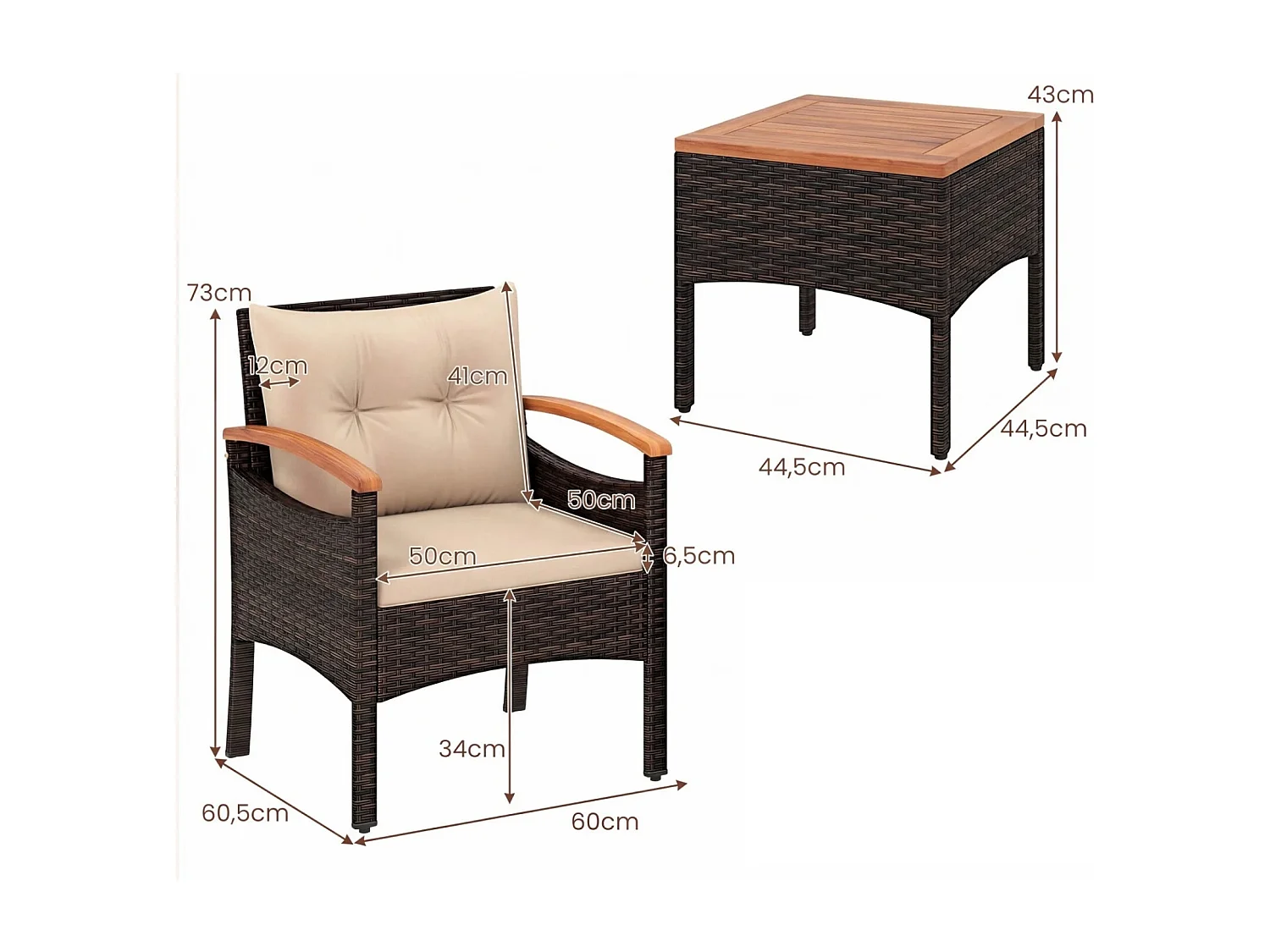 Set da giardino in rattan 3 pezzi Acacia Cuscini da tavolo per giardino veranda piscina Marrone