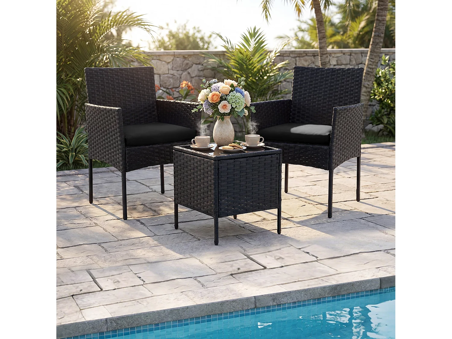 Set di mobili da giardino 3 pezzi in rattan per balcone con 2 sedie e tavolo da giardino salotto da giardino all'aperto nero