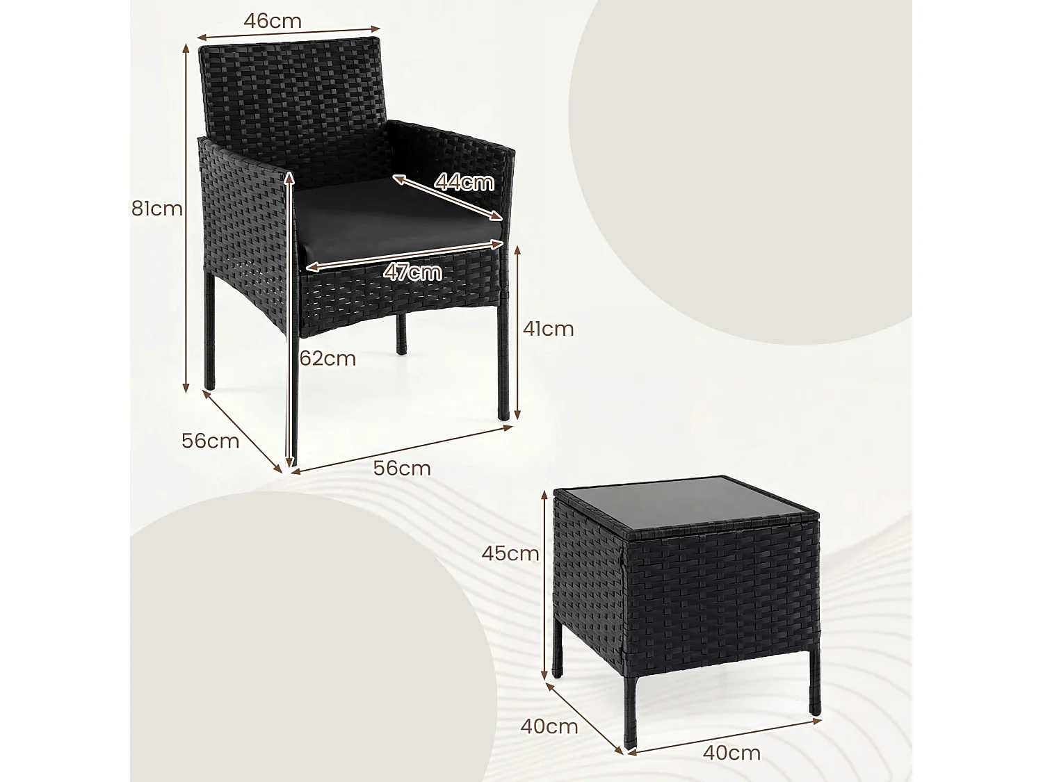 Set di mobili da giardino 3 pezzi in rattan per balcone con 2 sedie e tavolo da giardino salotto da giardino all'aperto nero