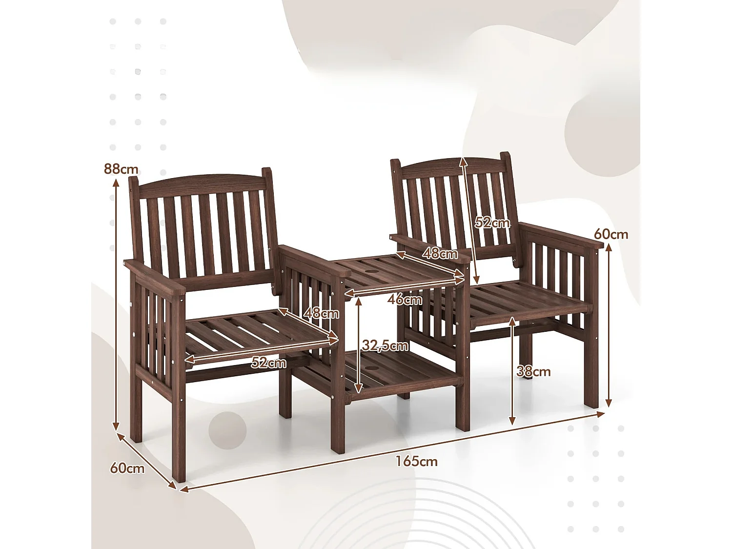 Divano da esterno in legno di abete con tavolino a 2 livelli + foro per ombrellone da 5 cm Sedia da giardino a 2 posti marrone