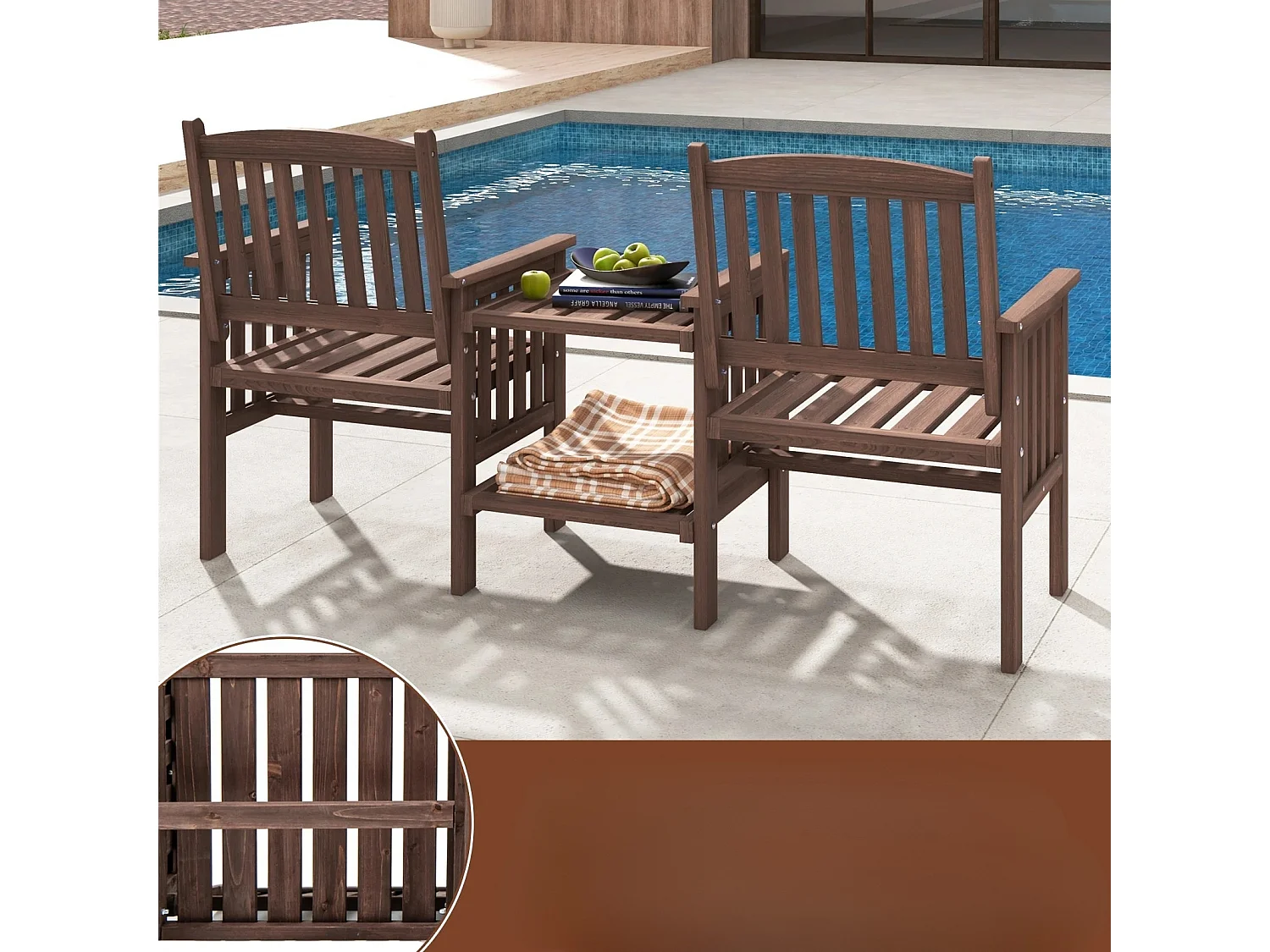 Divano da esterno in legno di abete con tavolino a 2 livelli + foro per ombrellone da 5 cm Sedia da giardino a 2 posti marrone