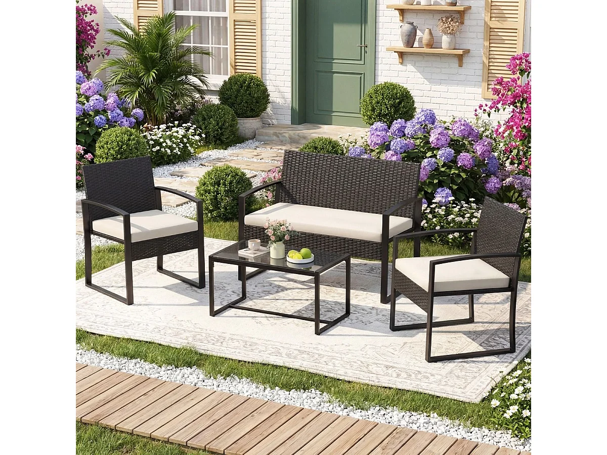 Set di mobili da giardino in rattan con 2 poltrone & panca & tavolo & cuscino per seduta Mobili da salotto per esterni Beige