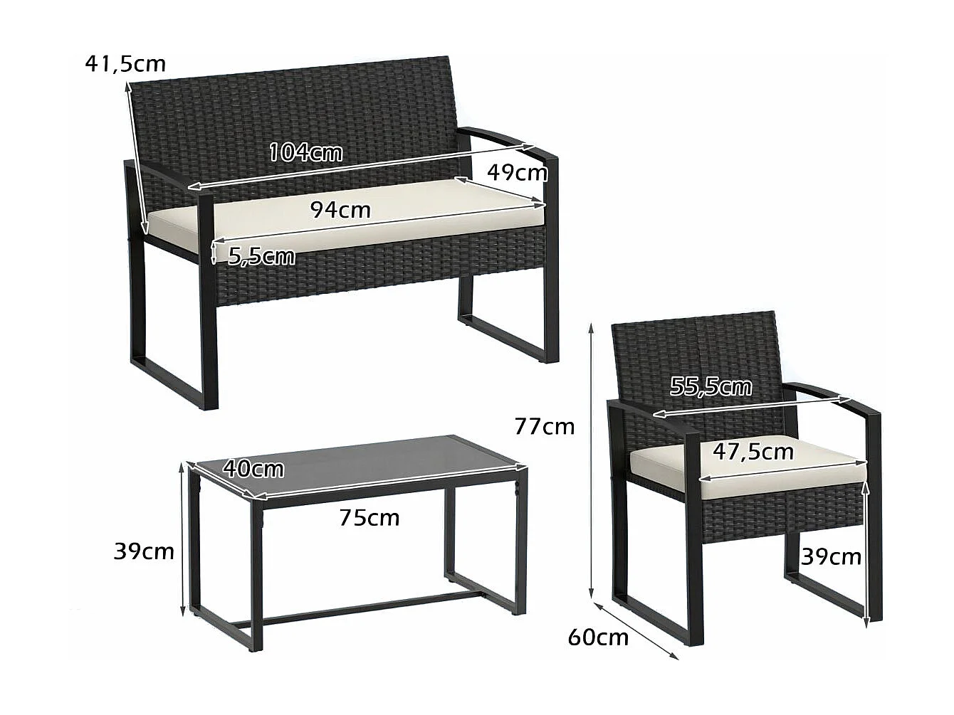 Set di mobili da giardino in rattan con 2 poltrone & panca & tavolo & cuscino per seduta Mobili da salotto per esterni Beige