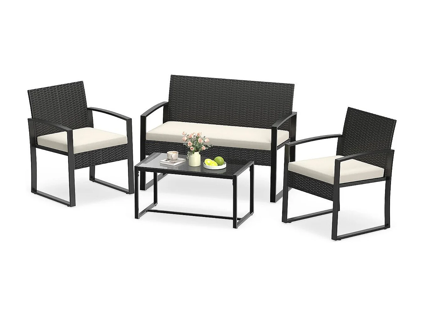 Set di mobili da giardino in rattan con 2 poltrone & panca & tavolo & cuscino per seduta Mobili da salotto per esterni Beige