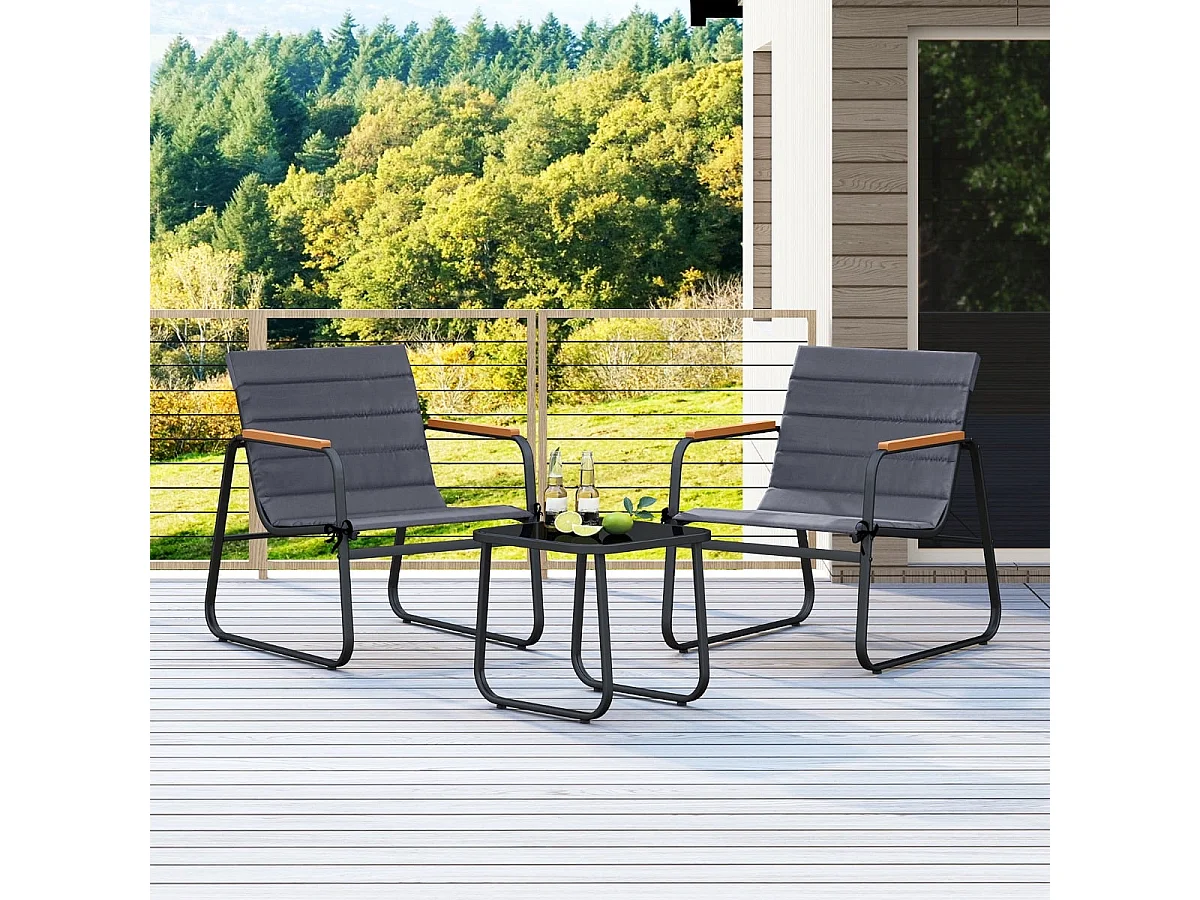 Set bistrot da 3 pezzi per la terrazza Set da conversazione per esterni con cuscini e tavolino in vetro nero