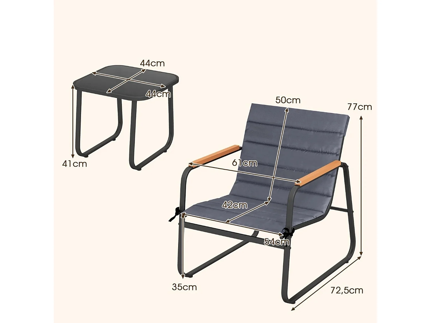 Set bistrot da 3 pezzi per la terrazza Set da conversazione per esterni con cuscini e tavolino in vetro nero