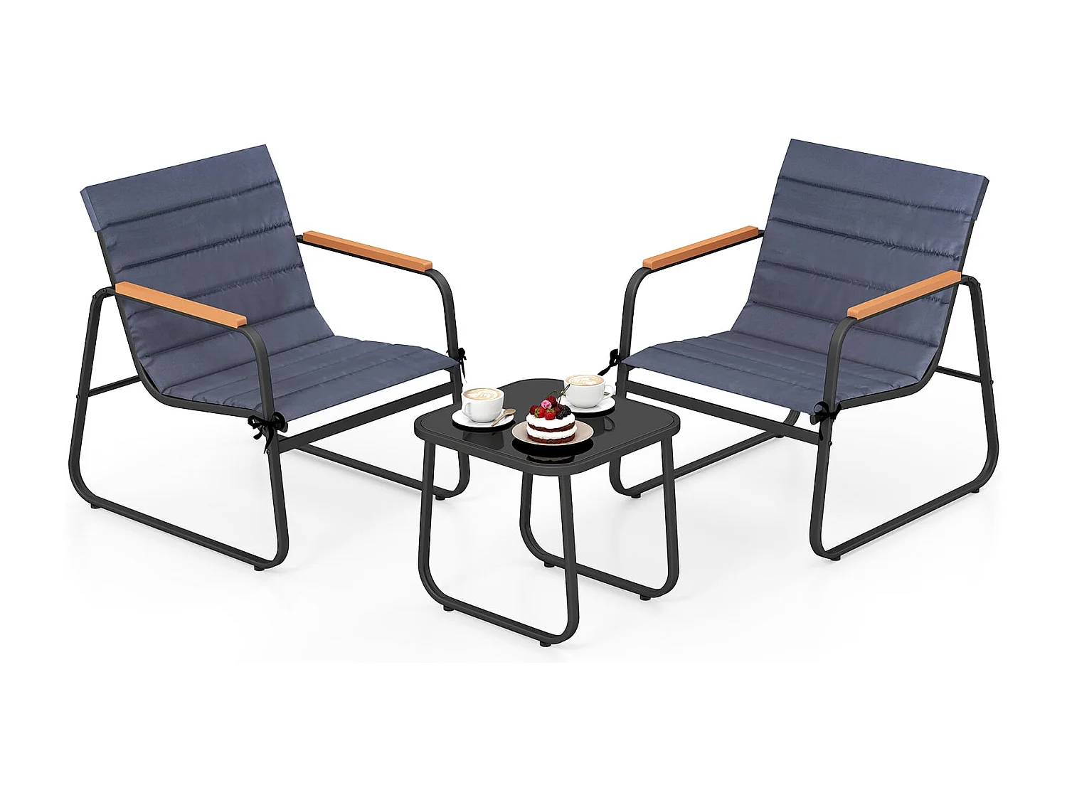 Set bistrot da 3 pezzi per la terrazza Set da conversazione per esterni con cuscini e tavolino in vetro nero