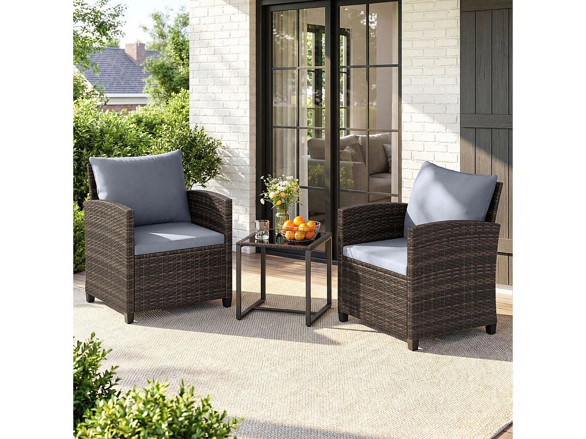 Set da balcone in rattan incl. 2 sedie con cuscini e tavolo in vetro Gruppo di seduta per esterni Mobili da balcone marrone-grigio