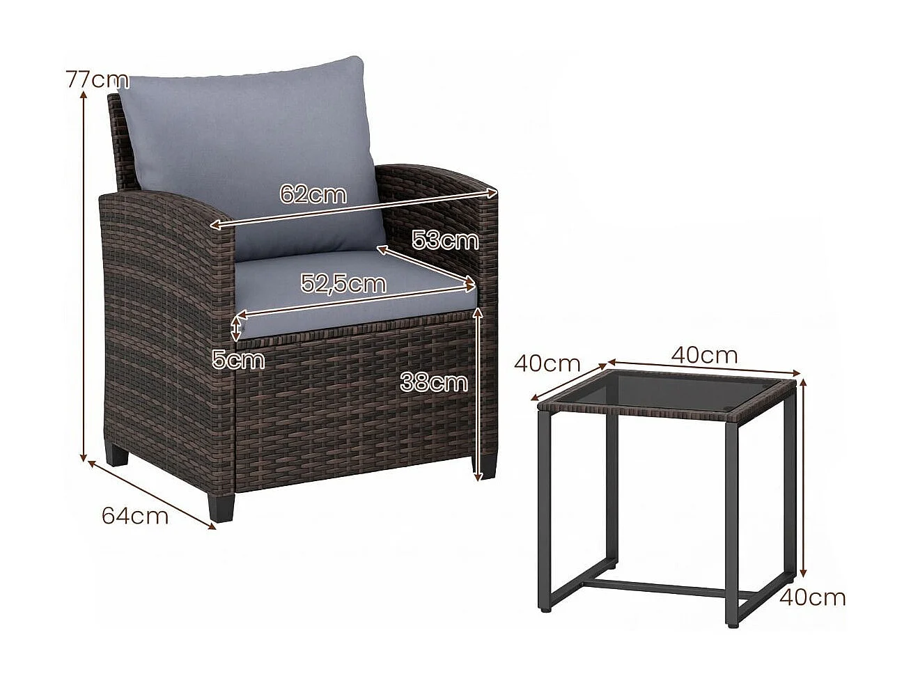 Set da balcone in rattan incl. 2 sedie con cuscini e tavolo in vetro Gruppo di seduta per esterni Mobili da balcone marrone-grigio