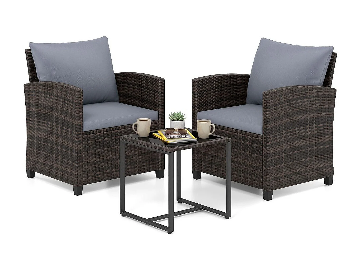 Set da balcone in rattan incl. 2 sedie con cuscini e tavolo in vetro Gruppo di seduta per esterni Mobili da balcone marrone-grigio