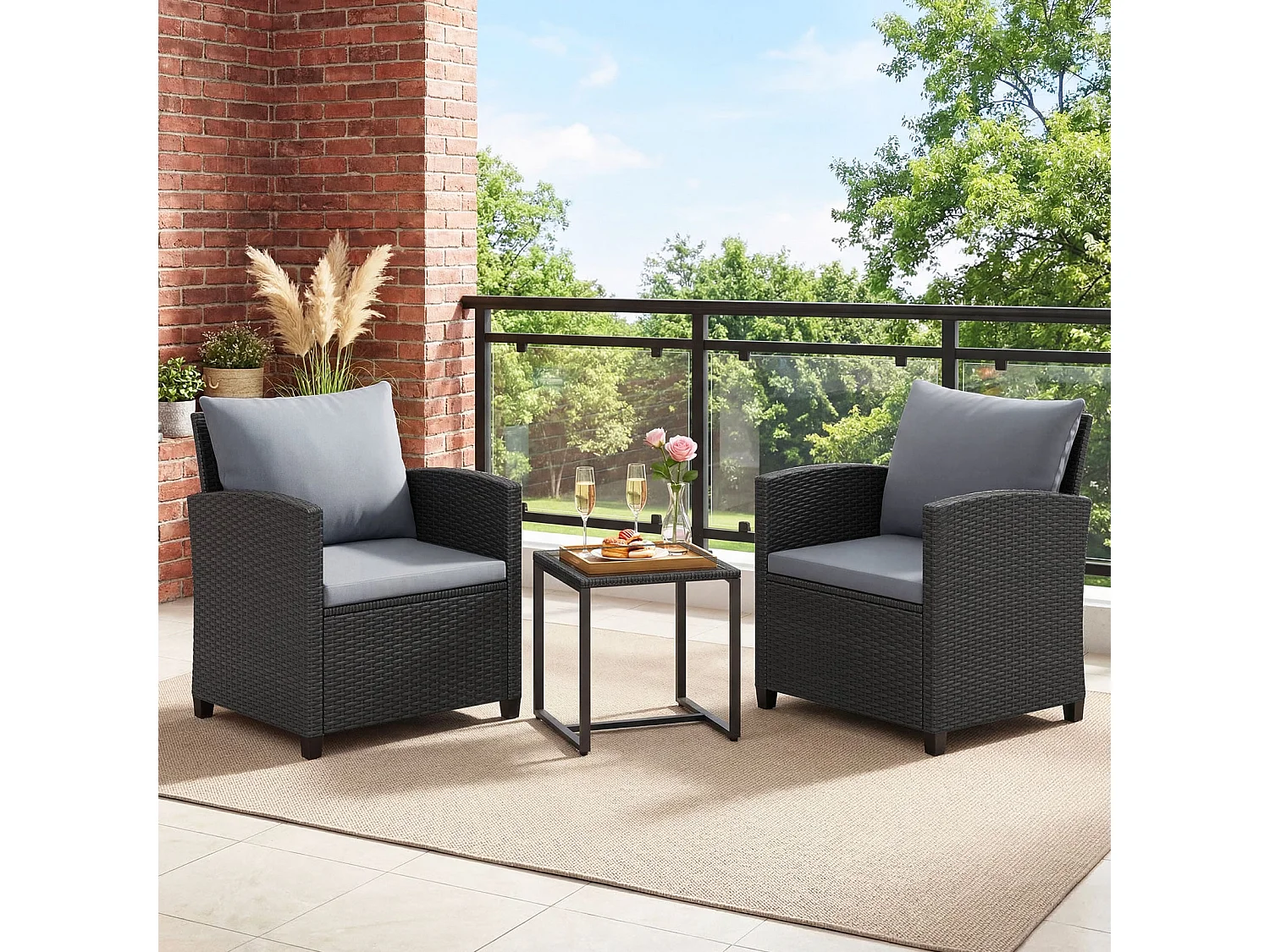 Set di mobili da giardino in rattan con 2 sedie con cuscini e tavolo in vetro Gruppo di seduta per esterni nero-grigio