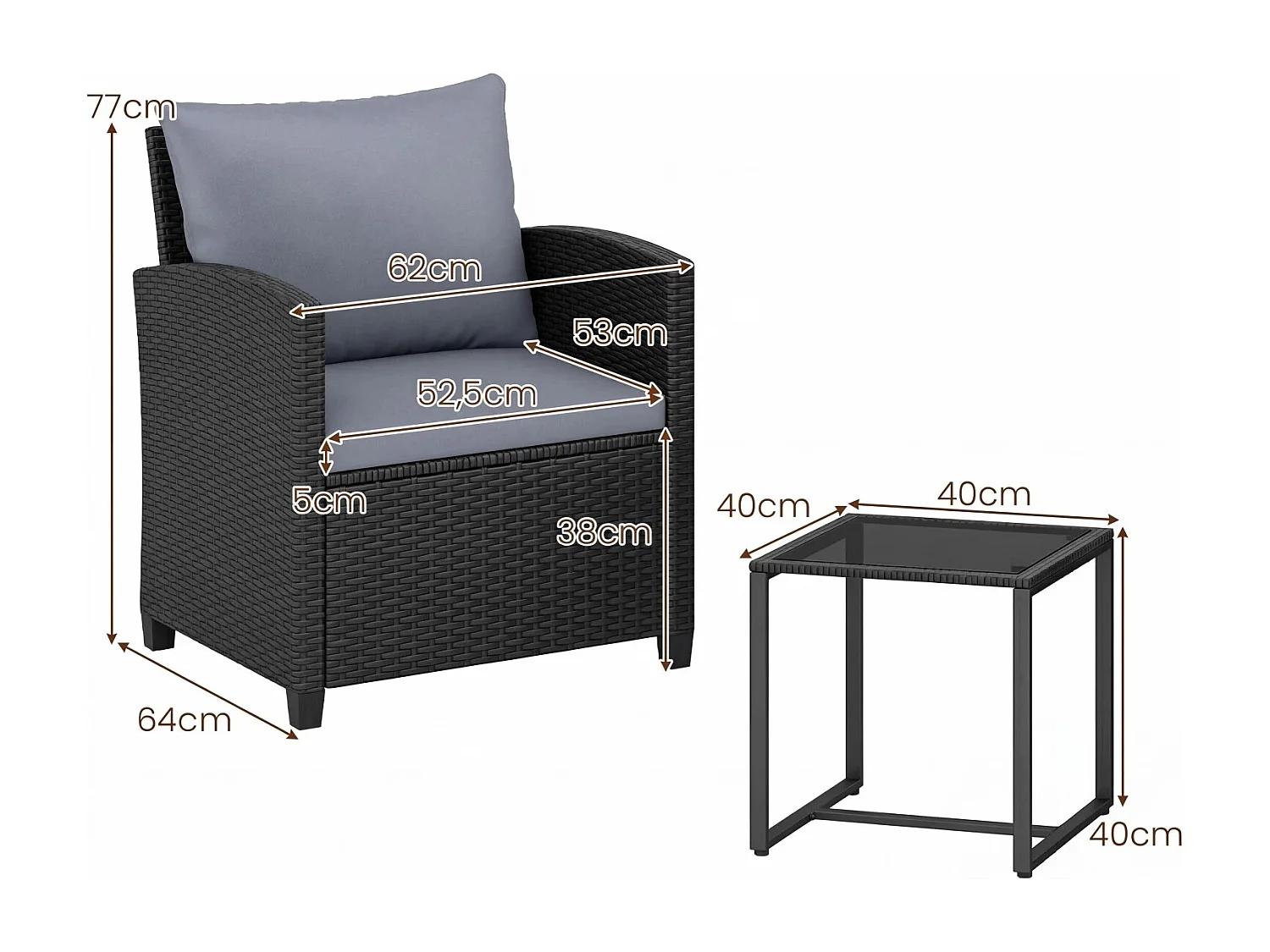 Set di mobili da giardino in rattan con 2 sedie con cuscini e tavolo in vetro Gruppo di seduta per esterni nero-grigio