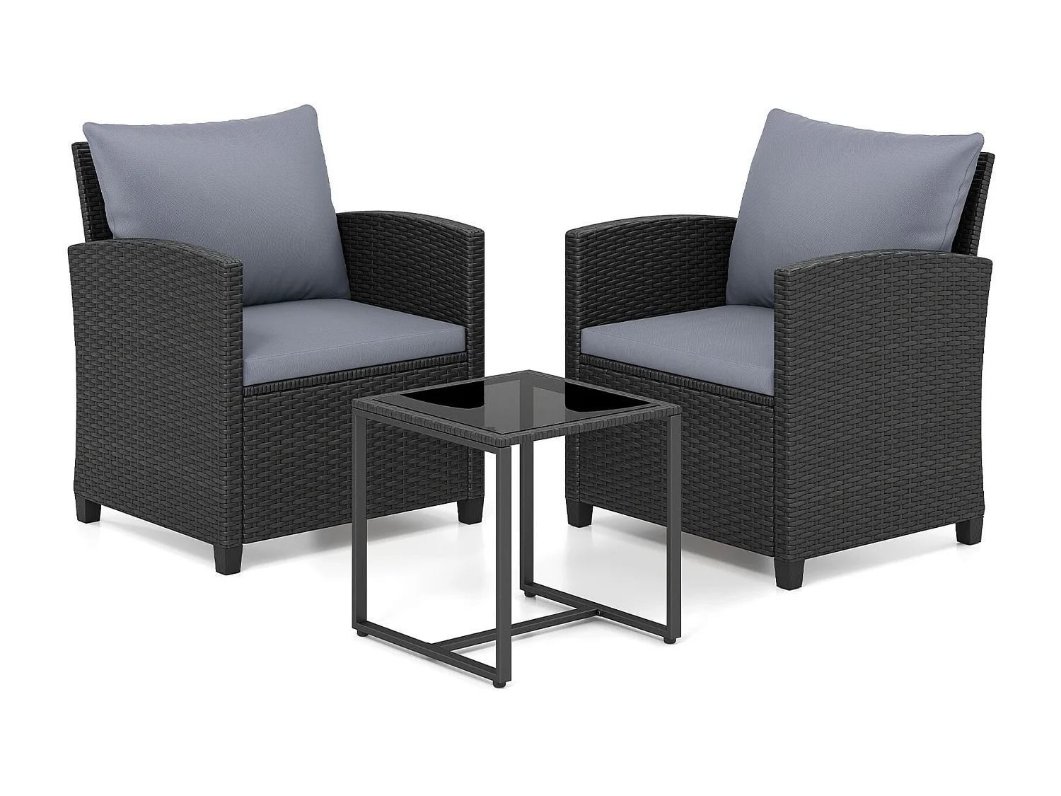 Set di mobili da giardino in rattan con 2 sedie con cuscini e tavolo in vetro Gruppo di seduta per esterni nero-grigio