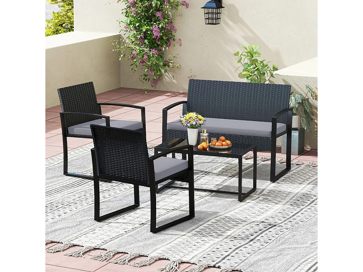 Set di mobili da giardino in rattan con 2 poltrone e panca e tavolo e cuscino per sedersi Mobili da giardino grigi