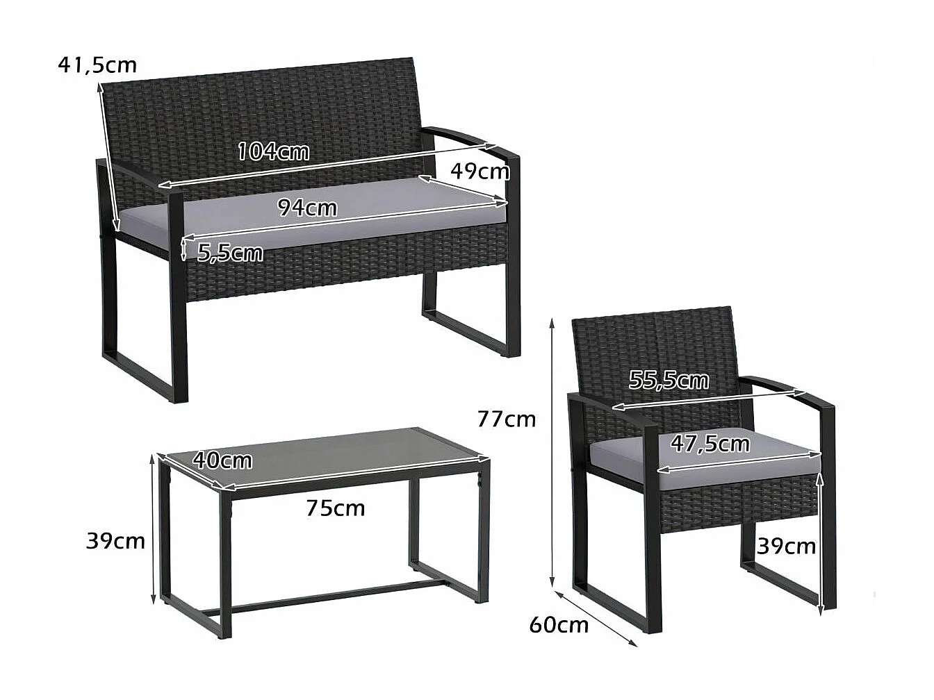 Set di mobili da giardino in rattan con 2 poltrone e panca e tavolo e cuscino per sedersi Mobili da giardino grigi