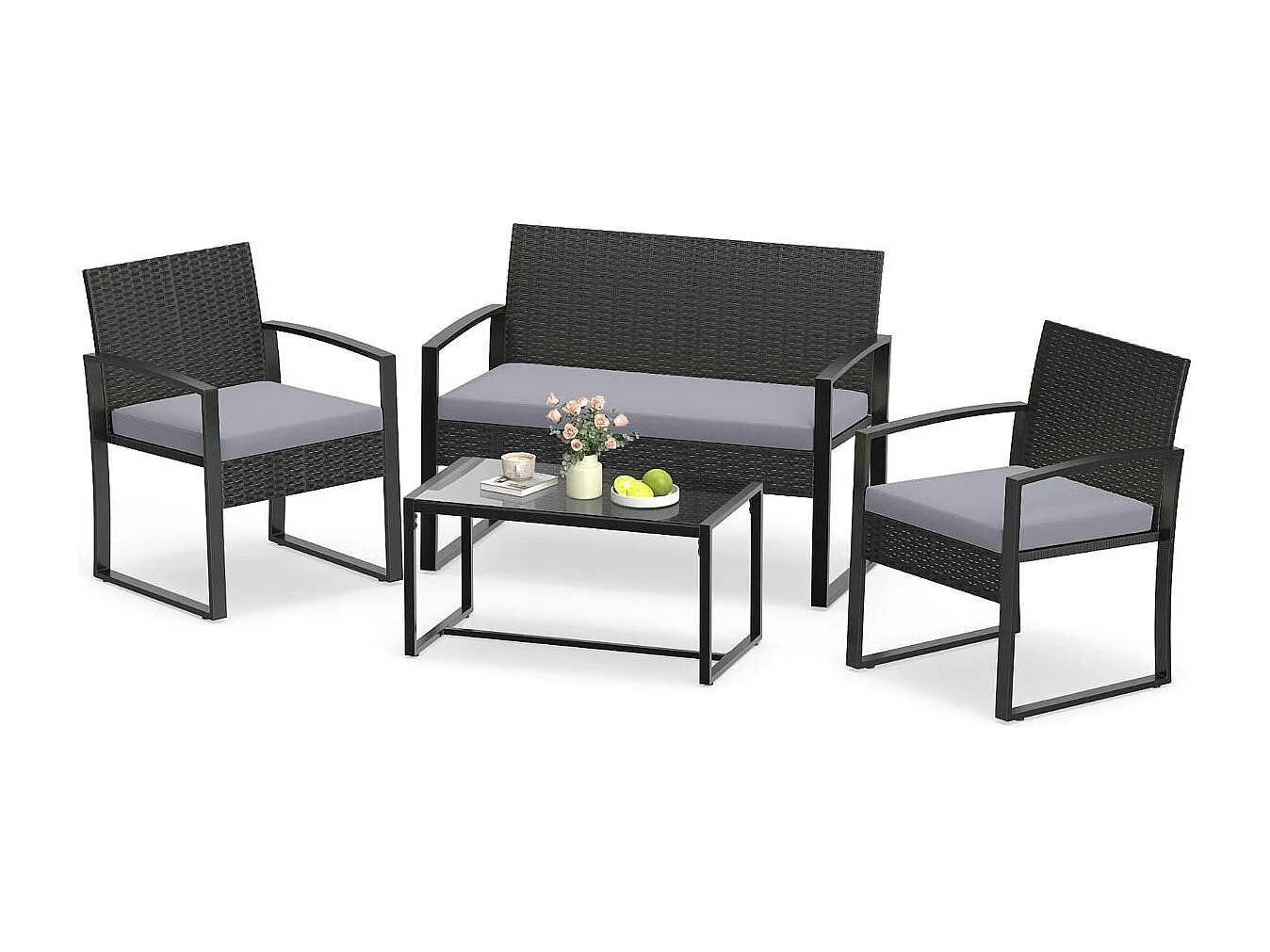 Set di mobili da giardino in rattan con 2 poltrone e panca e tavolo e cuscino per sedersi Mobili da giardino grigi