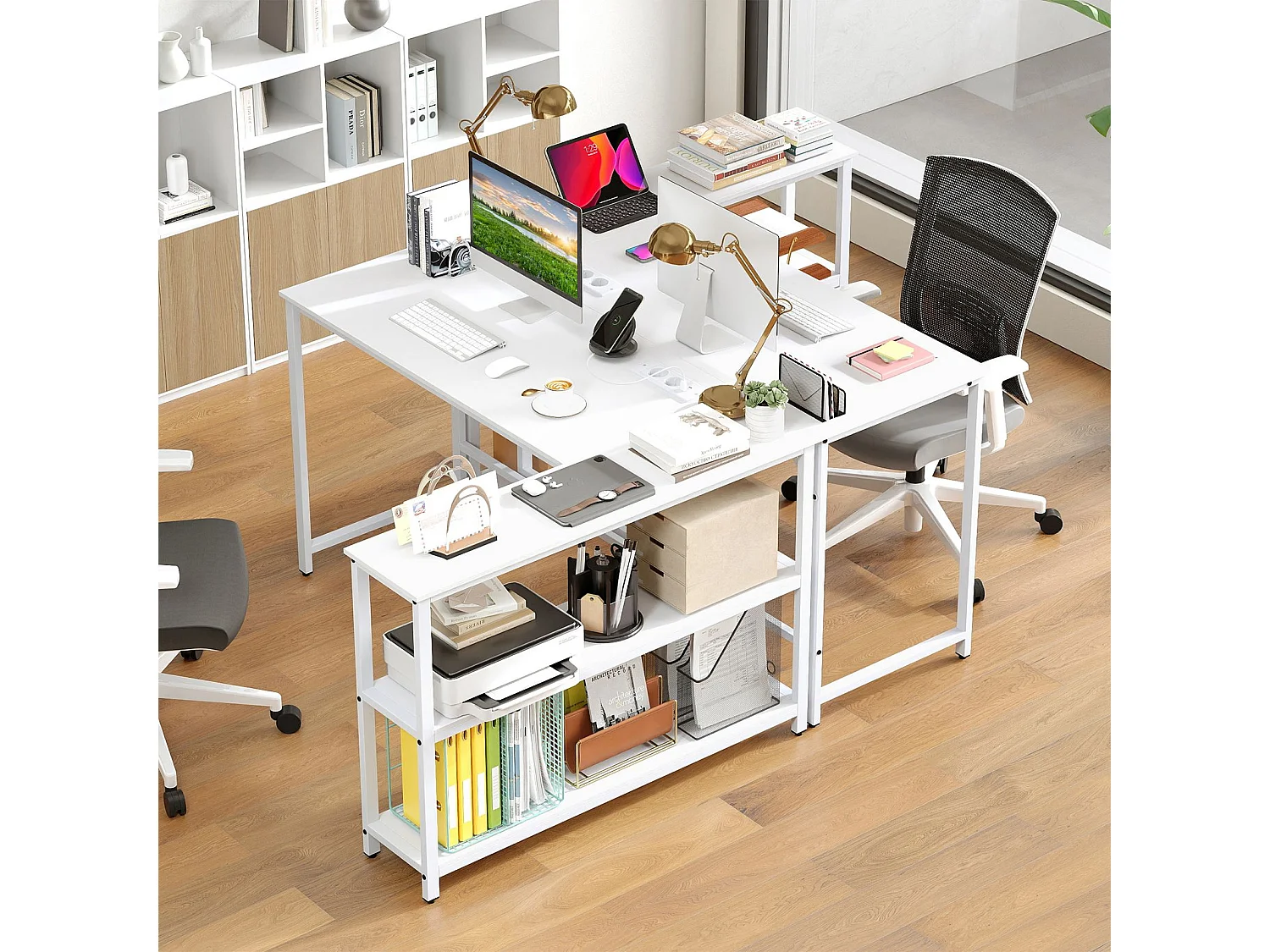 Bureau en L avec Station de Recharge Bureau d'Angle pour Ordinateur avec Étagères Table de Jeu avec Structure Métallique Blanc
