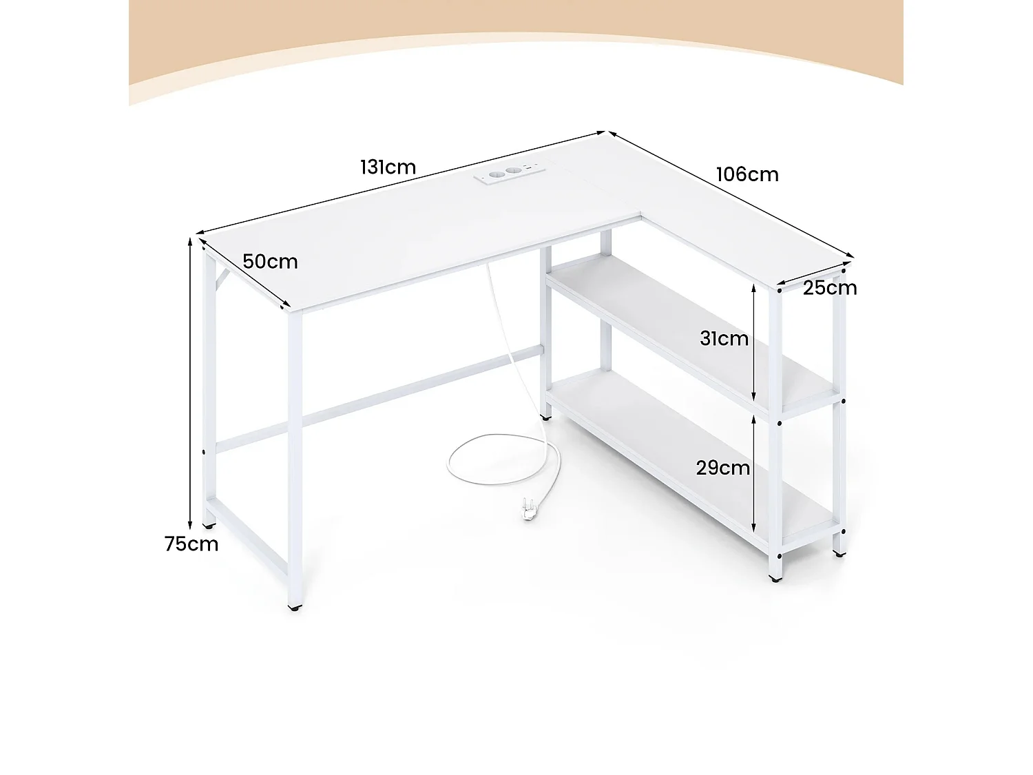 Bureau en L avec Station de Recharge Bureau d'Angle pour Ordinateur avec Étagères Table de Jeu avec Structure Métallique Blanc
