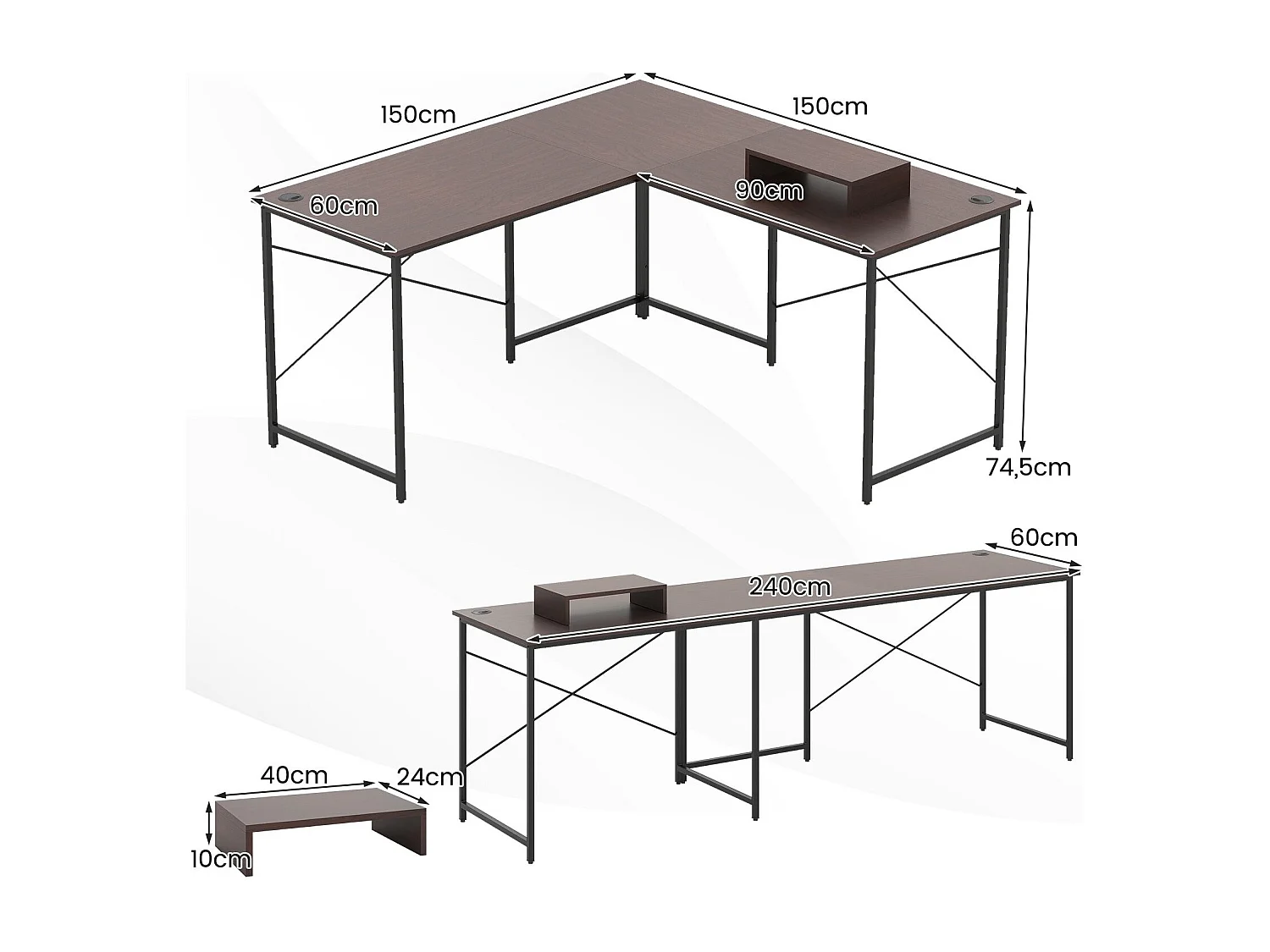 Bureau en Forme de L Réversible de 150 cm avec Prise Intégrée Support Amovible pour Hôte/Écran Trous de Gestion des Câbles Café