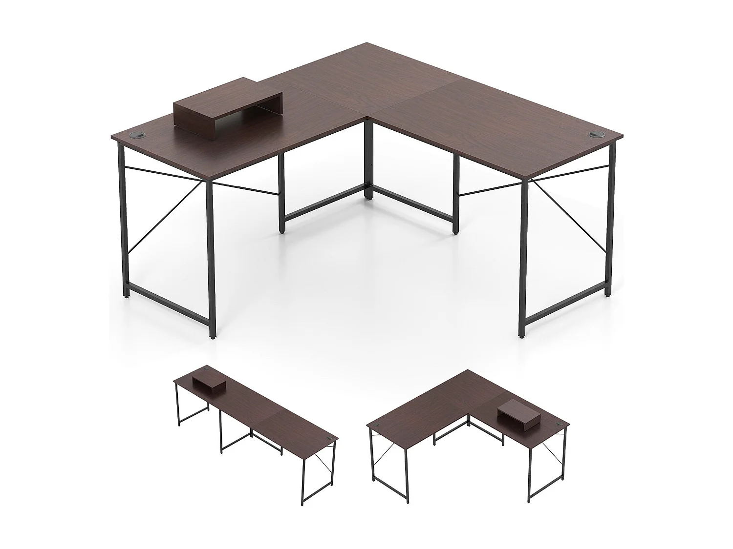 Bureau en Forme de L Réversible de 150 cm avec Prise Intégrée Support Amovible pour Hôte/Écran Trous de Gestion des Câbles Café