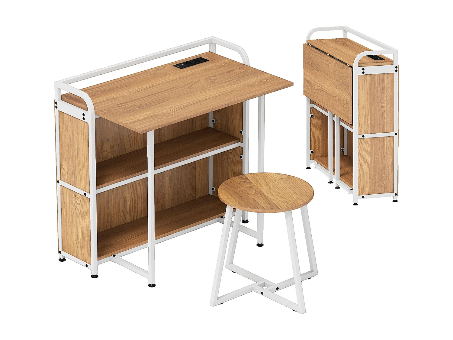 Schreibtisch klappbar mit Steckdose Klapptisch mit Hocker Computertisch mit Regalen & Metallrahmen 90 x 55 x 83 cm Natur