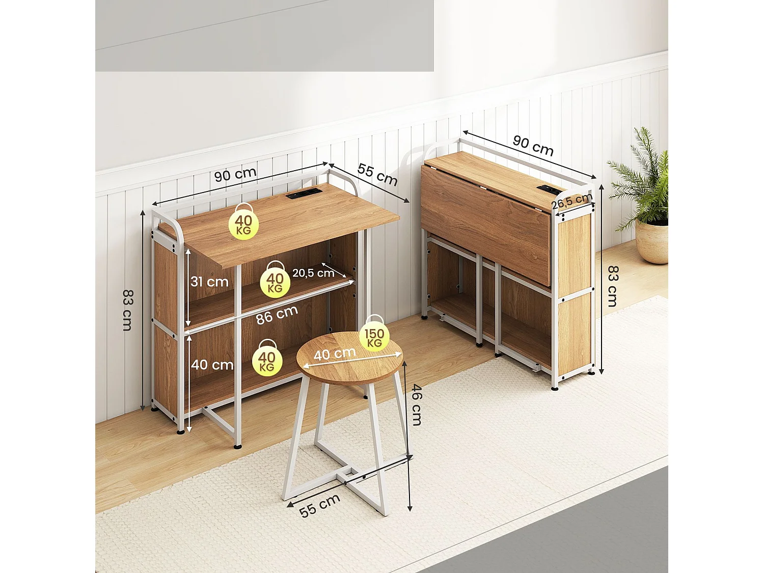 Schreibtisch klappbar mit Steckdose Klapptisch mit Hocker Computertisch mit Regalen & Metallrahmen 90 x 55 x 83 cm Natur