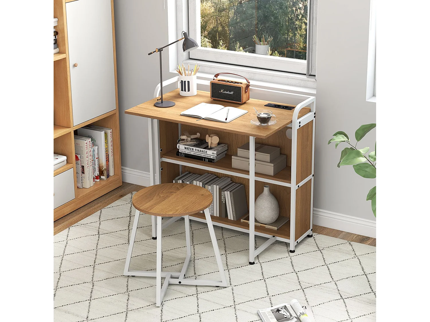 Schreibtisch klappbar mit Steckdose Klapptisch mit Hocker Computertisch mit Regalen & Metallrahmen 90 x 55 x 83 cm Natur