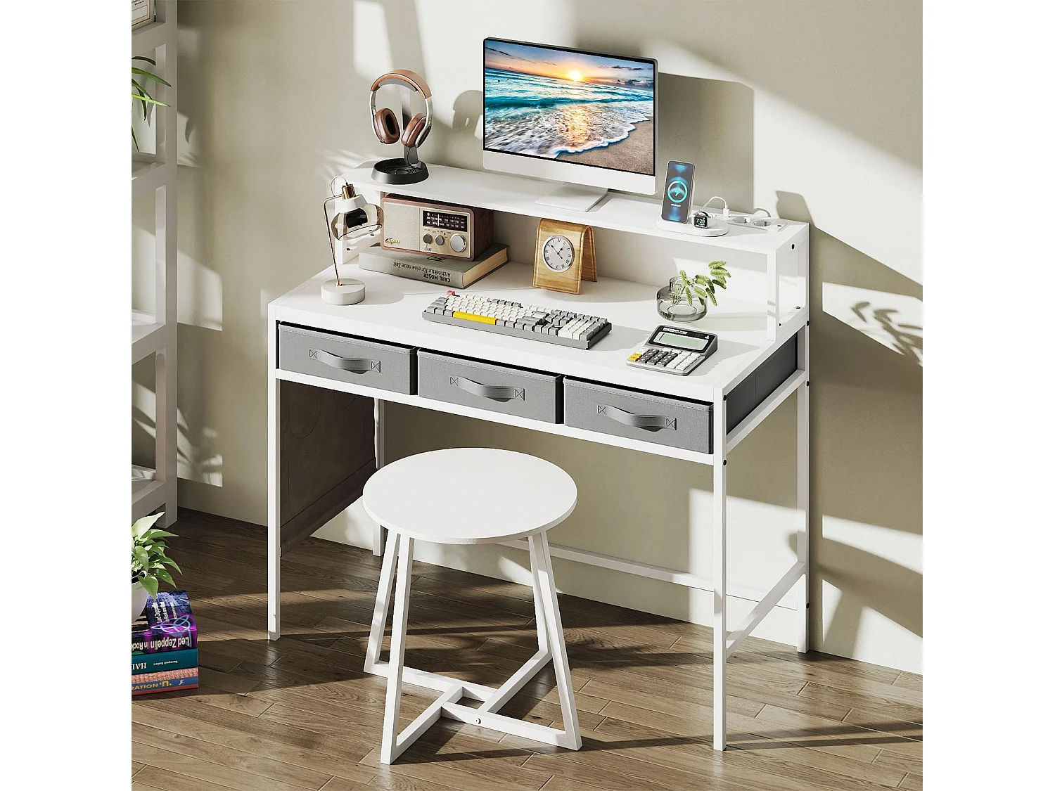 Bureau d'ordinateur avec prises de courant Coiffeuse et ensemble de tabourets avec support d'écran Blanc