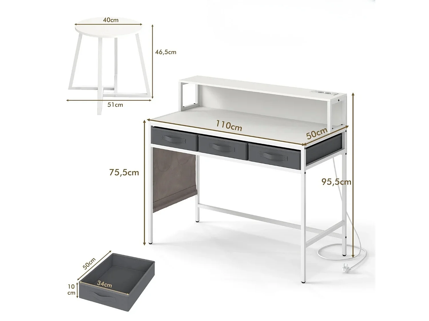 Bureau d'ordinateur avec prises de courant Coiffeuse et ensemble de tabourets avec support d'écran Blanc