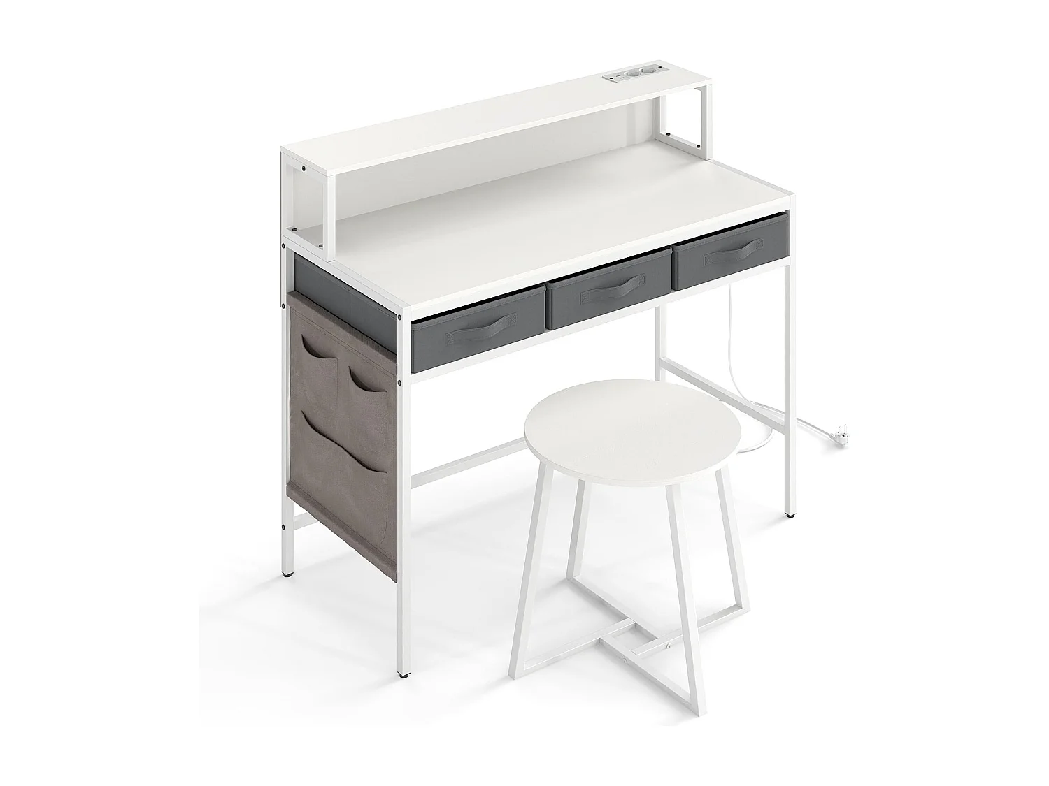 Bureau d'ordinateur avec prises de courant Coiffeuse et ensemble de tabourets avec support d'écran Blanc