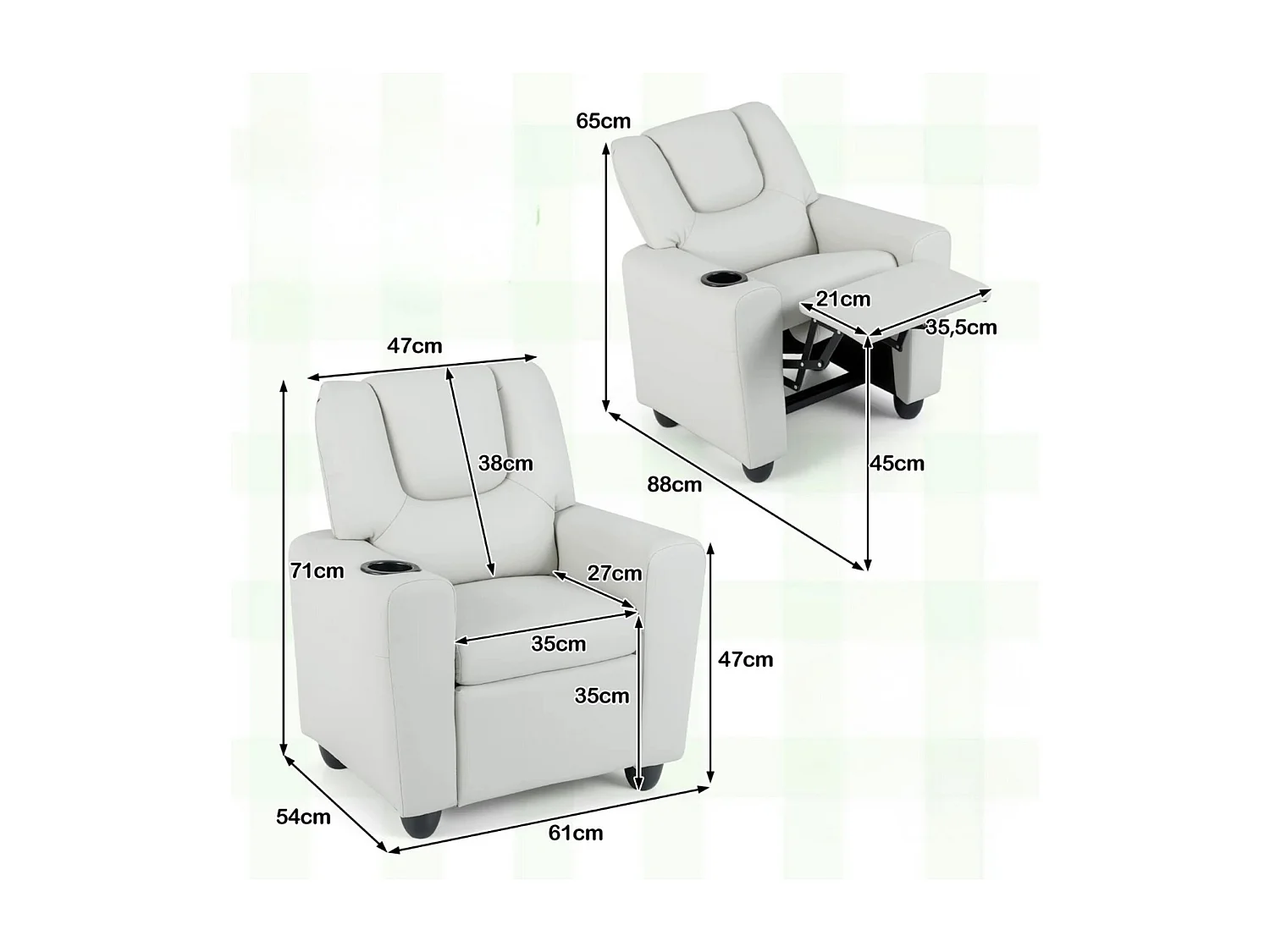 Kindersessel mit Relaxfunktion & Verstellbarer Rückenlehne & Fußstütze Kindersofa Weiß