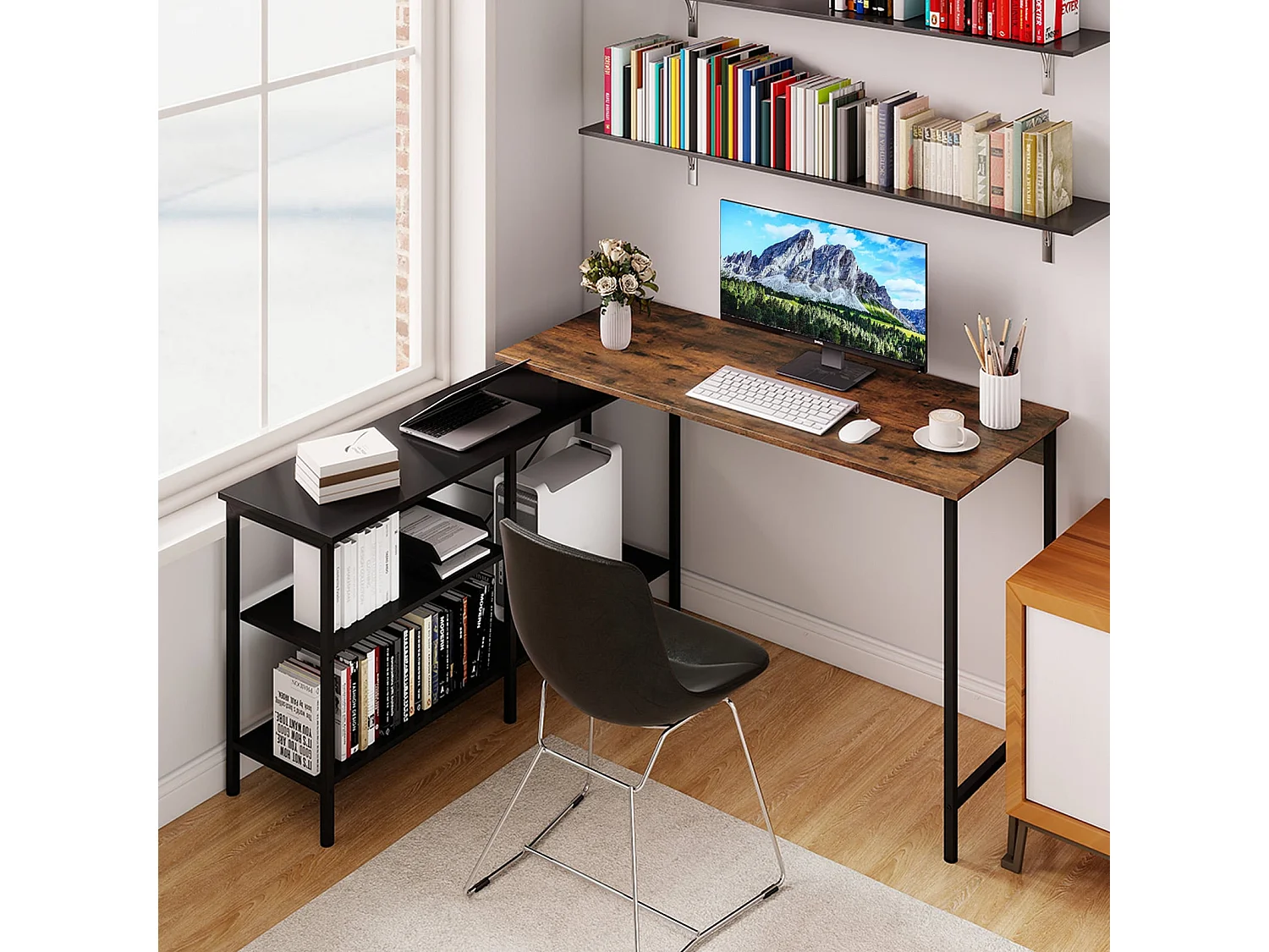 Bureau Gaming d'Angle Réversible Grand Bureau en L 135 x 120 cm avec Étagères de Rangement Cadre Métallique Table Gamer Brun Rustique