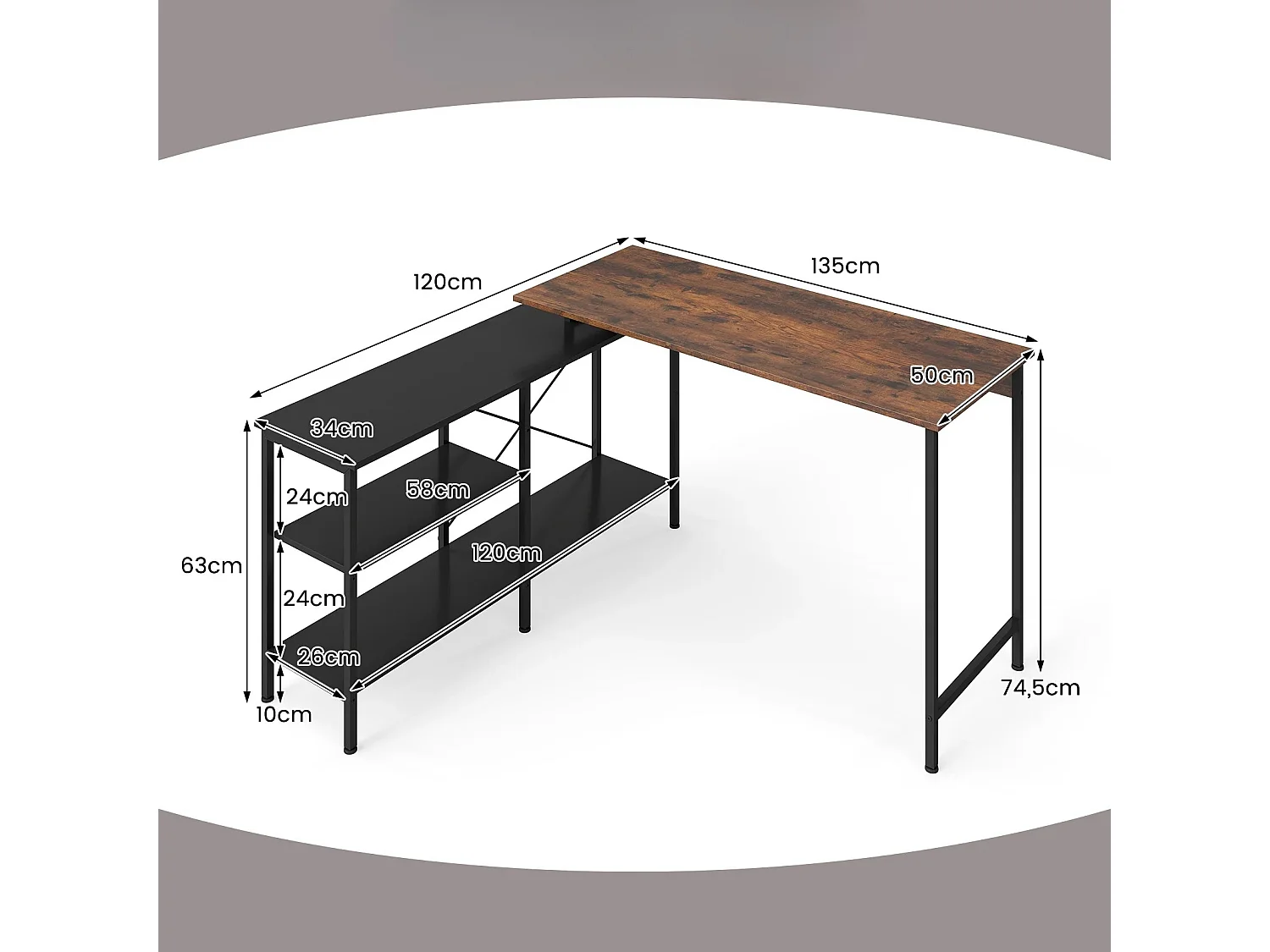 Bureau Gaming d'Angle Réversible Grand Bureau en L 135 x 120 cm avec Étagères de Rangement Cadre Métallique Table Gamer Brun Rustique