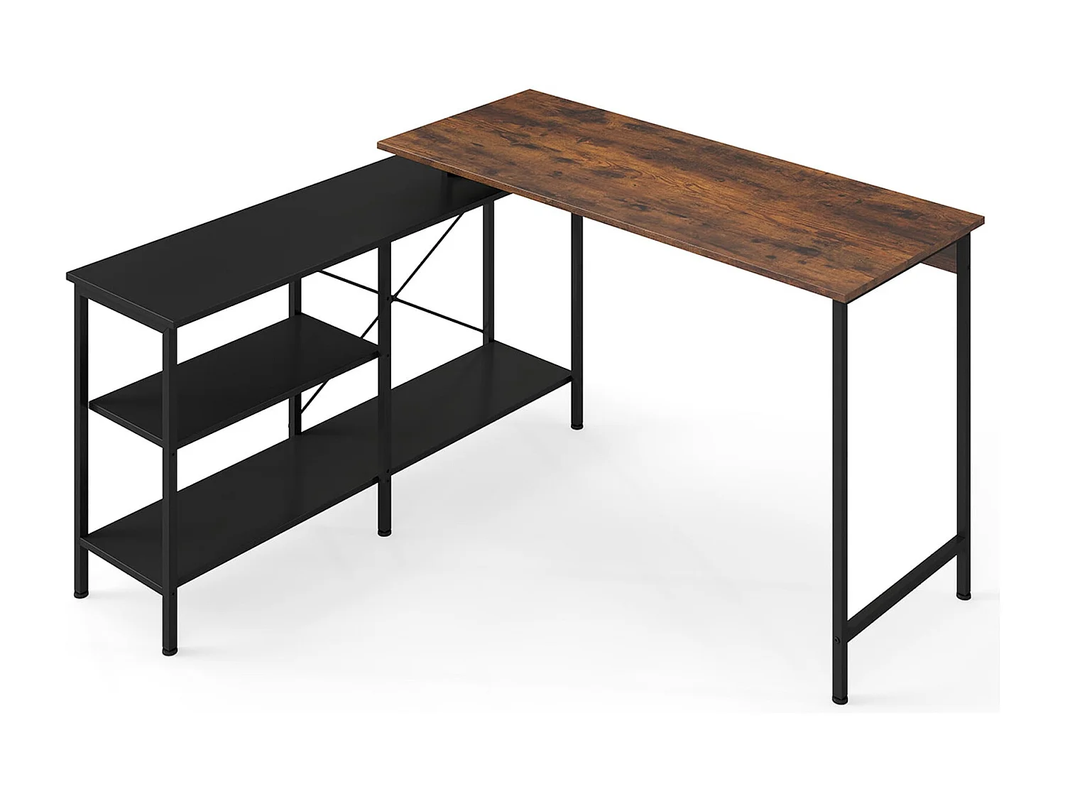 Bureau Gaming d'Angle Réversible Grand Bureau en L 135 x 120 cm avec Étagères de Rangement Cadre Métallique Table Gamer Brun Rustique