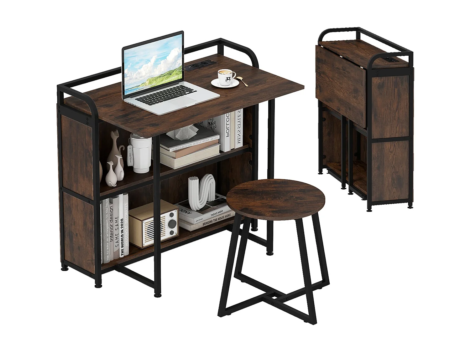 Bureau pliable avec prise électrique Table pliante avec tabouret Table d'ordinateur avec étagères & cadre métallique 90 x 55 x 83 cm Marron