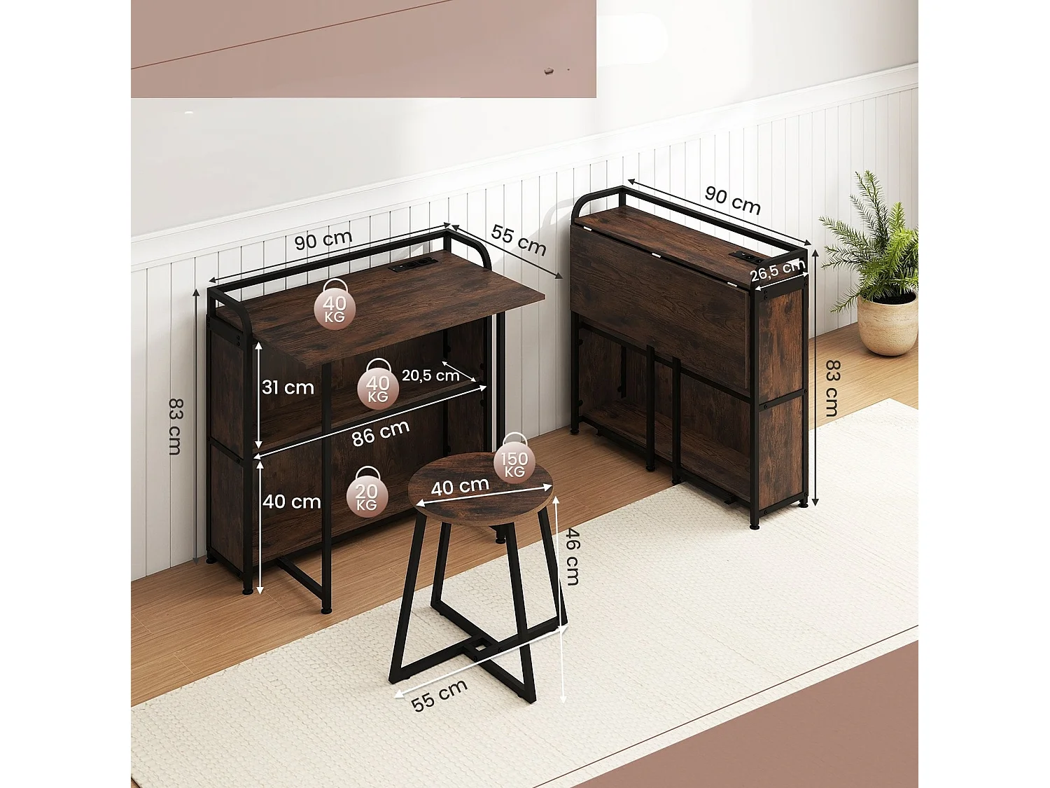 Bureau pliable avec prise électrique Table pliante avec tabouret Table d'ordinateur avec étagères & cadre métallique 90 x 55 x 83 cm Marron