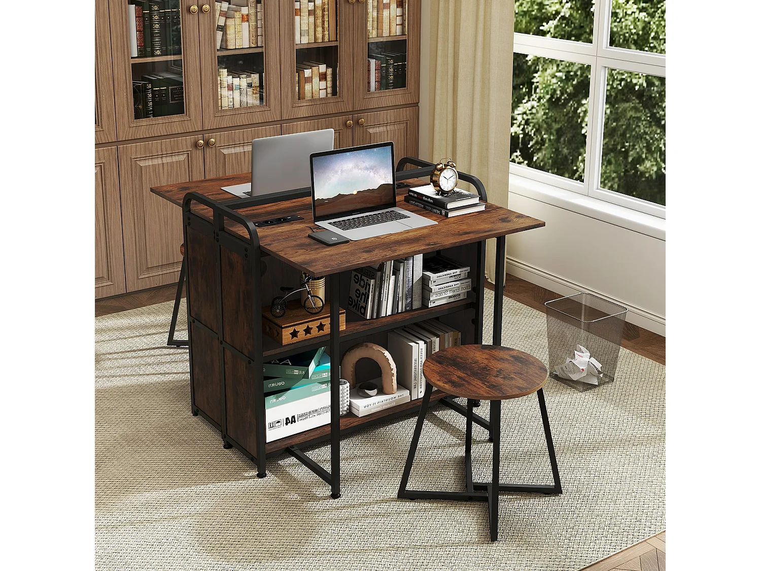 Bureau pliable avec prise électrique Table pliante avec tabouret Table d'ordinateur avec étagères & cadre métallique 90 x 55 x 83 cm Marron