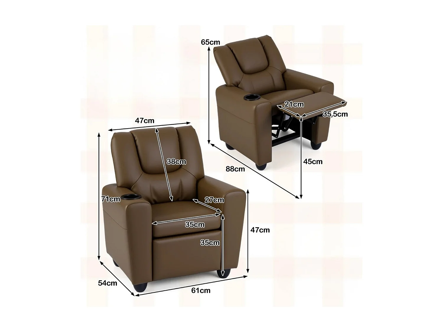 Kindersessel mit Relaxfunktion & Verstellbarer Rückenlehne & Fußstütze Kindersofa Braun