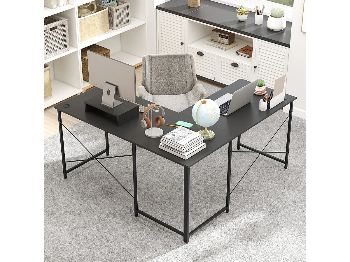Bureau en Forme de L Réversible de 150 cm avec Prise Intégrée Support Amovible pour Hôte/Écran Trous de Gestion des Câbles Gris