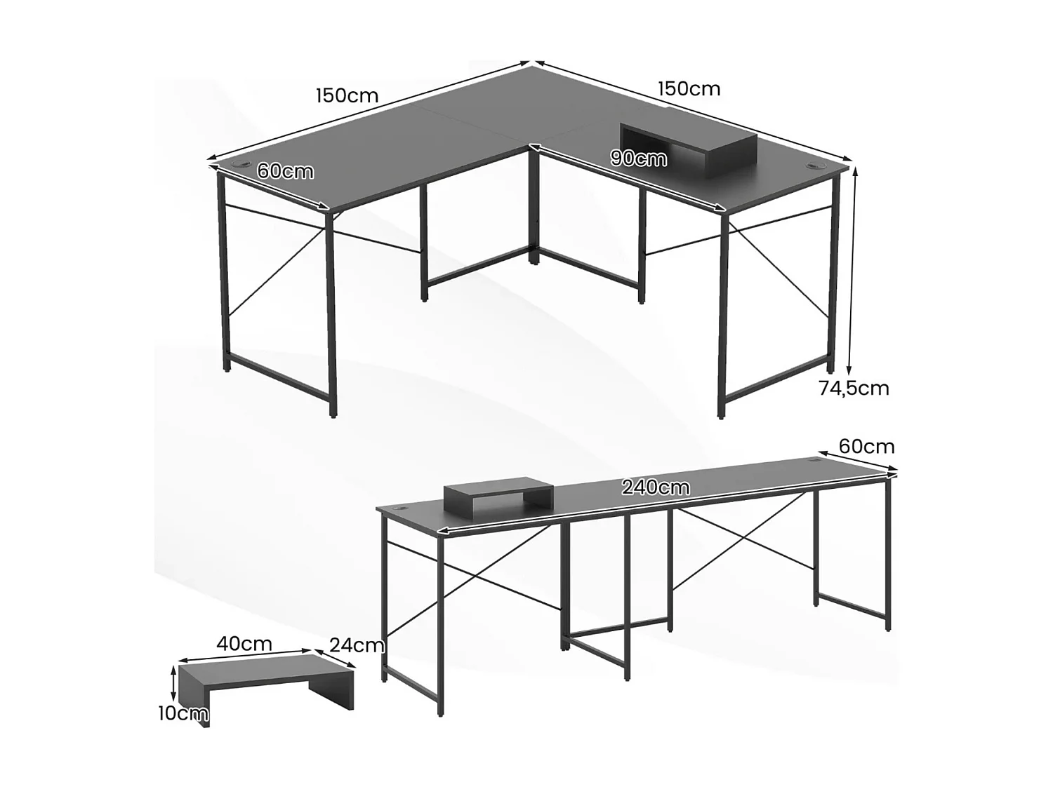 Bureau en Forme de L Réversible de 150 cm avec Prise Intégrée Support Amovible pour Hôte/Écran Trous de Gestion des Câbles Gris
