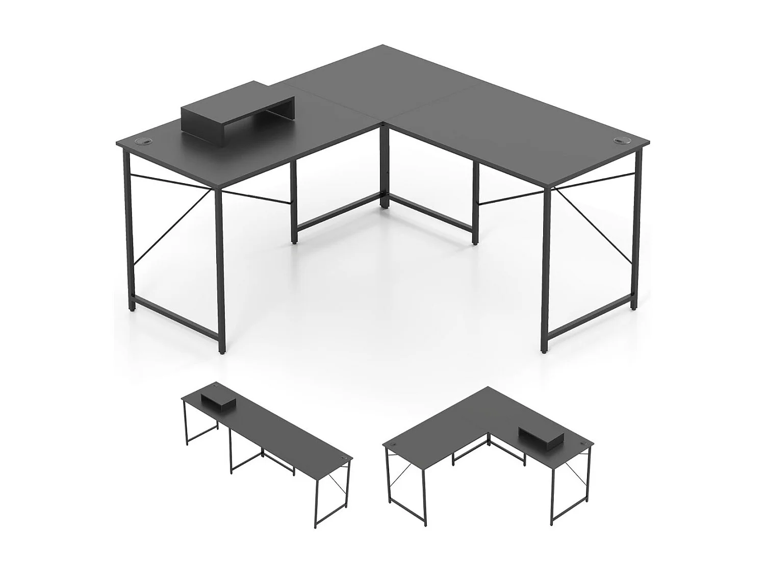 Bureau en Forme de L Réversible de 150 cm avec Prise Intégrée Support Amovible pour Hôte/Écran Trous de Gestion des Câbles Gris