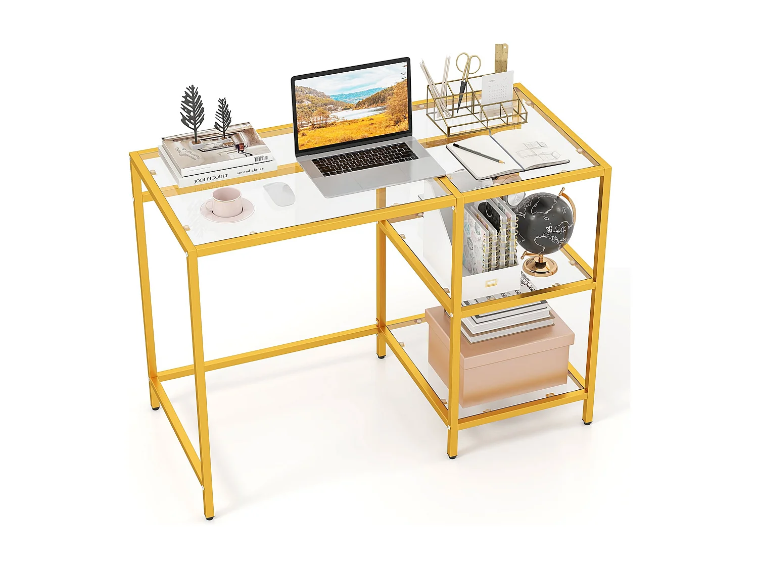 Scrivania Scrivania per computer con piano in vetro temperato Supporto in vetro protettivo Golden