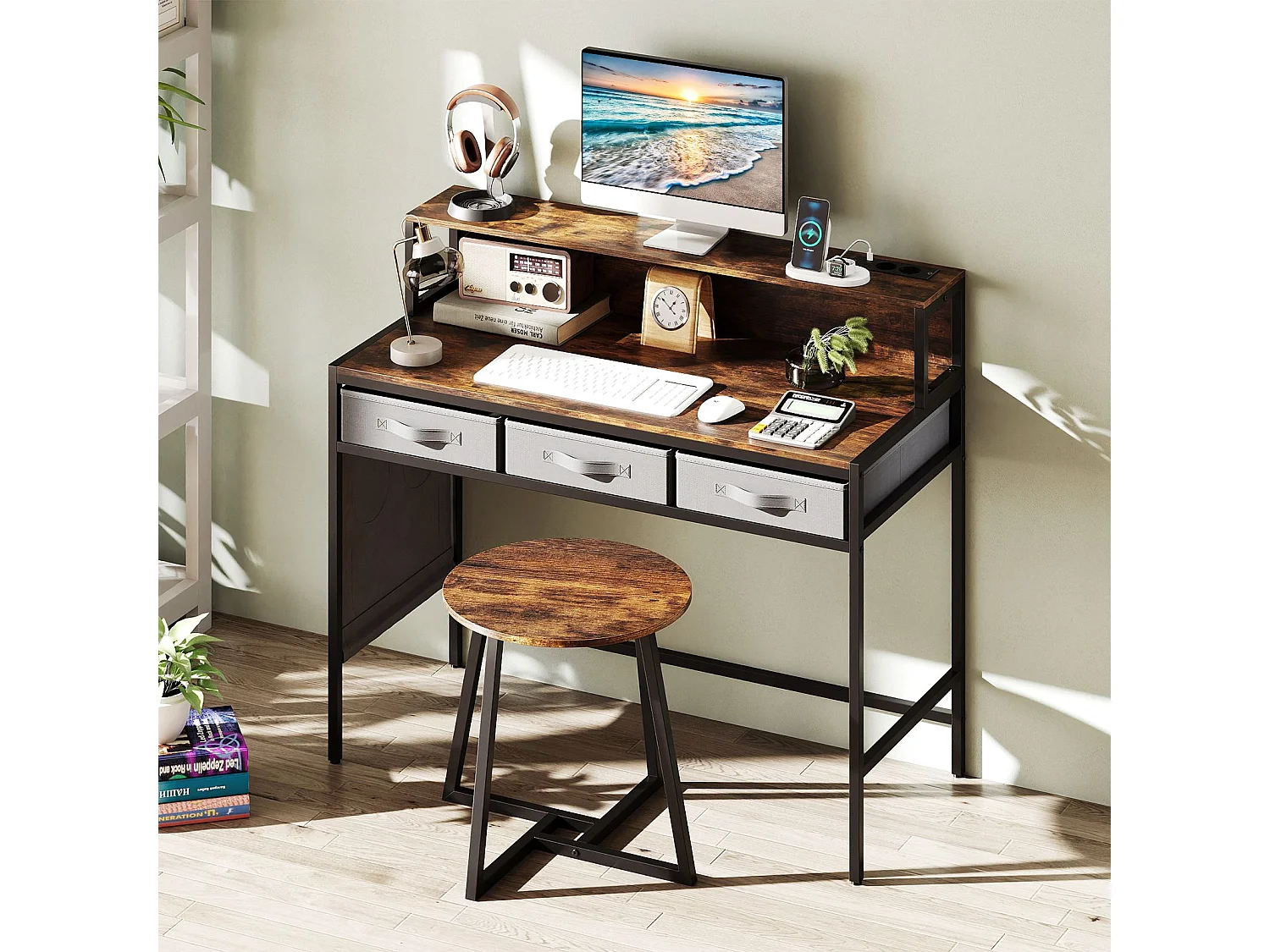 Ensemble Coiffeuse avec Tabouret et Support pour Moniteur avec Prises Intégrées Tiroirs de Rangement en Tissu Poches Latérales