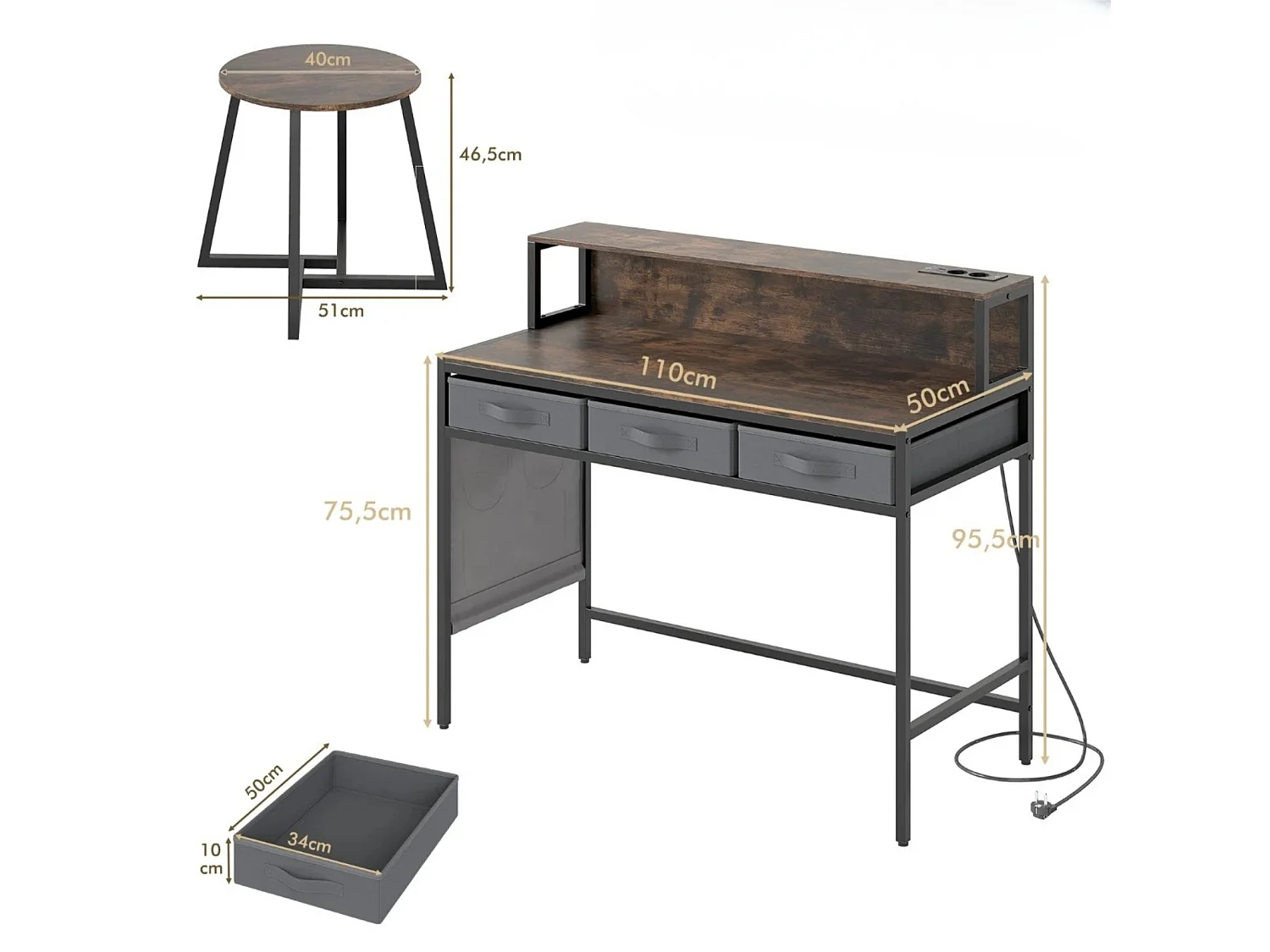 Ensemble Coiffeuse avec Tabouret et Support pour Moniteur avec Prises Intégrées Tiroirs de Rangement en Tissu Poches Latérales
